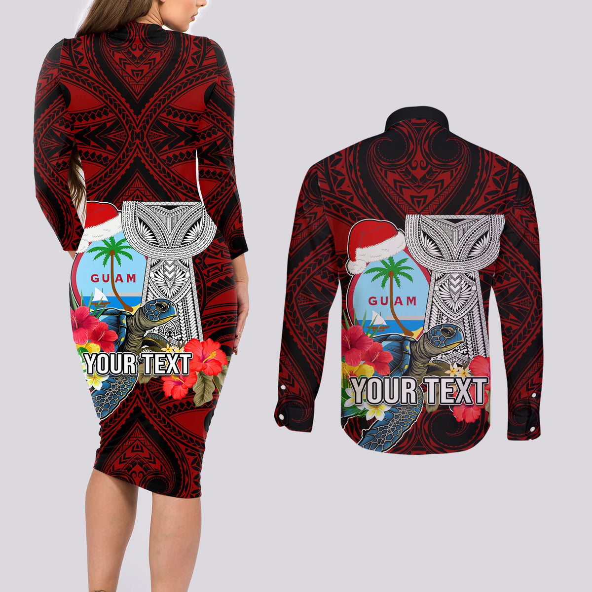 Custom Guam Christmas Couples Matching Long Sleeve Bodycon Dress and Long Sleeve Button Shirt Santa Gift Latte Stone and Sea Turle Mix Hibiscus Chamorro Red Style LT03 - Polynesian Pride