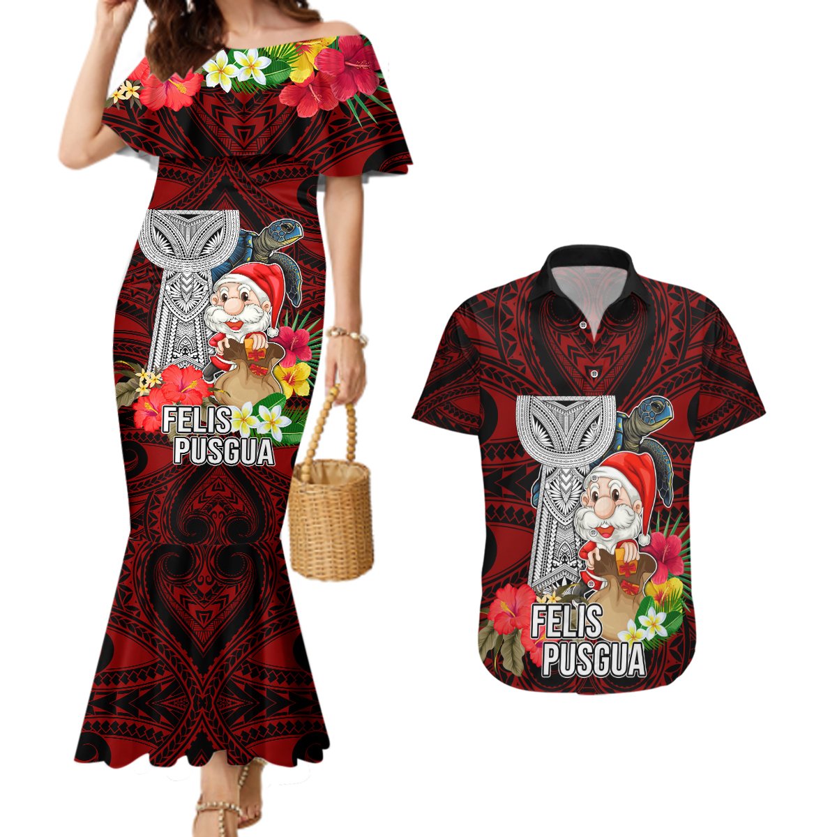 Custom Guam Christmas Couples Matching Mermaid Dress and Hawaiian Shirt Santa Gift Latte Stone and Sea Turle Mix Hibiscus Chamorro Red Style LT03 Red - Polynesian Pride