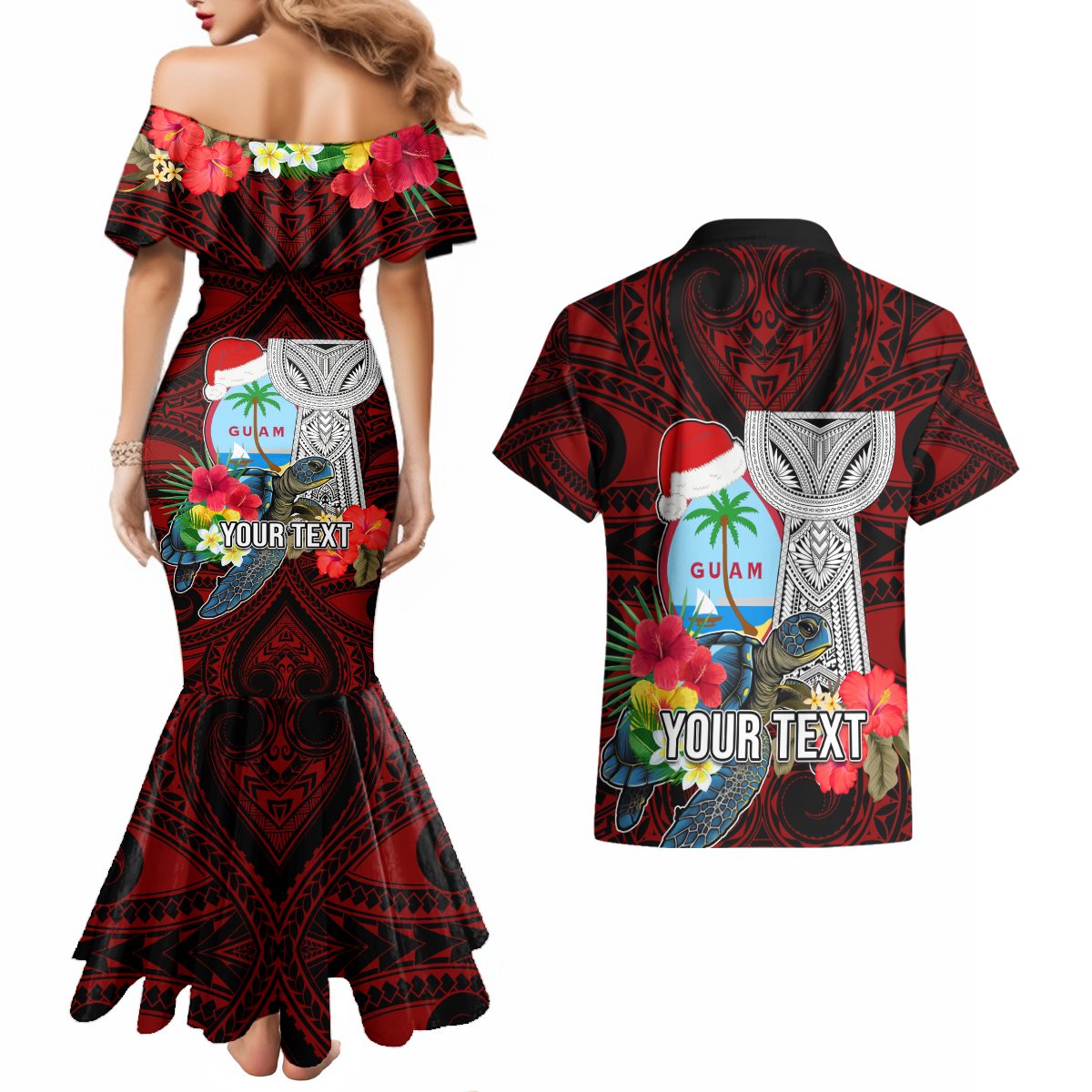Custom Guam Christmas Couples Matching Mermaid Dress and Hawaiian Shirt Santa Gift Latte Stone and Sea Turle Mix Hibiscus Chamorro Red Style LT03 - Polynesian Pride