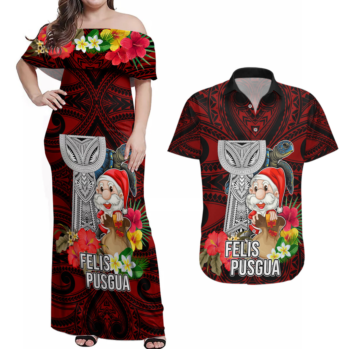 Custom Guam Christmas Couples Matching Off Shoulder Maxi Dress and Hawaiian Shirt Santa Gift Latte Stone and Sea Turle Mix Hibiscus Chamorro Red Style LT03 Red - Polynesian Pride