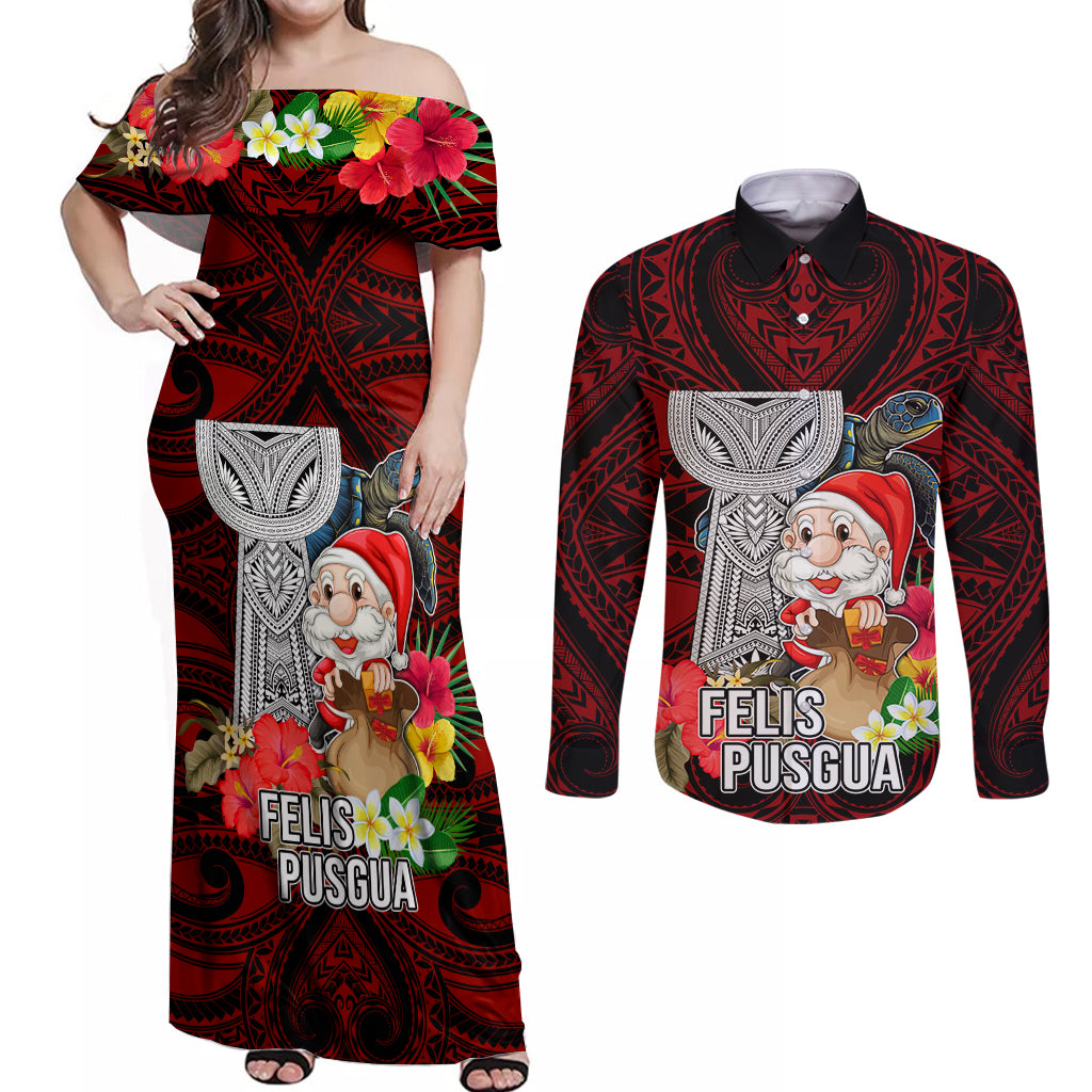 Custom Guam Christmas Couples Matching Off Shoulder Maxi Dress and Long Sleeve Button Shirt Santa Gift Latte Stone and Sea Turle Mix Hibiscus Chamorro Red Style LT03 Red - Polynesian Pride
