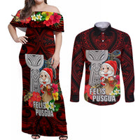 Custom Guam Christmas Couples Matching Off Shoulder Maxi Dress and Long Sleeve Button Shirt Santa Gift Latte Stone and Sea Turle Mix Hibiscus Chamorro Red Style LT03 Red - Polynesian Pride
