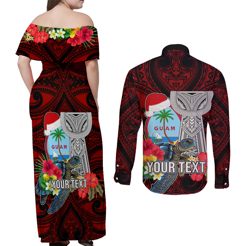 Custom Guam Christmas Couples Matching Off Shoulder Maxi Dress and Long Sleeve Button Shirt Santa Gift Latte Stone and Sea Turle Mix Hibiscus Chamorro Red Style LT03 - Polynesian Pride