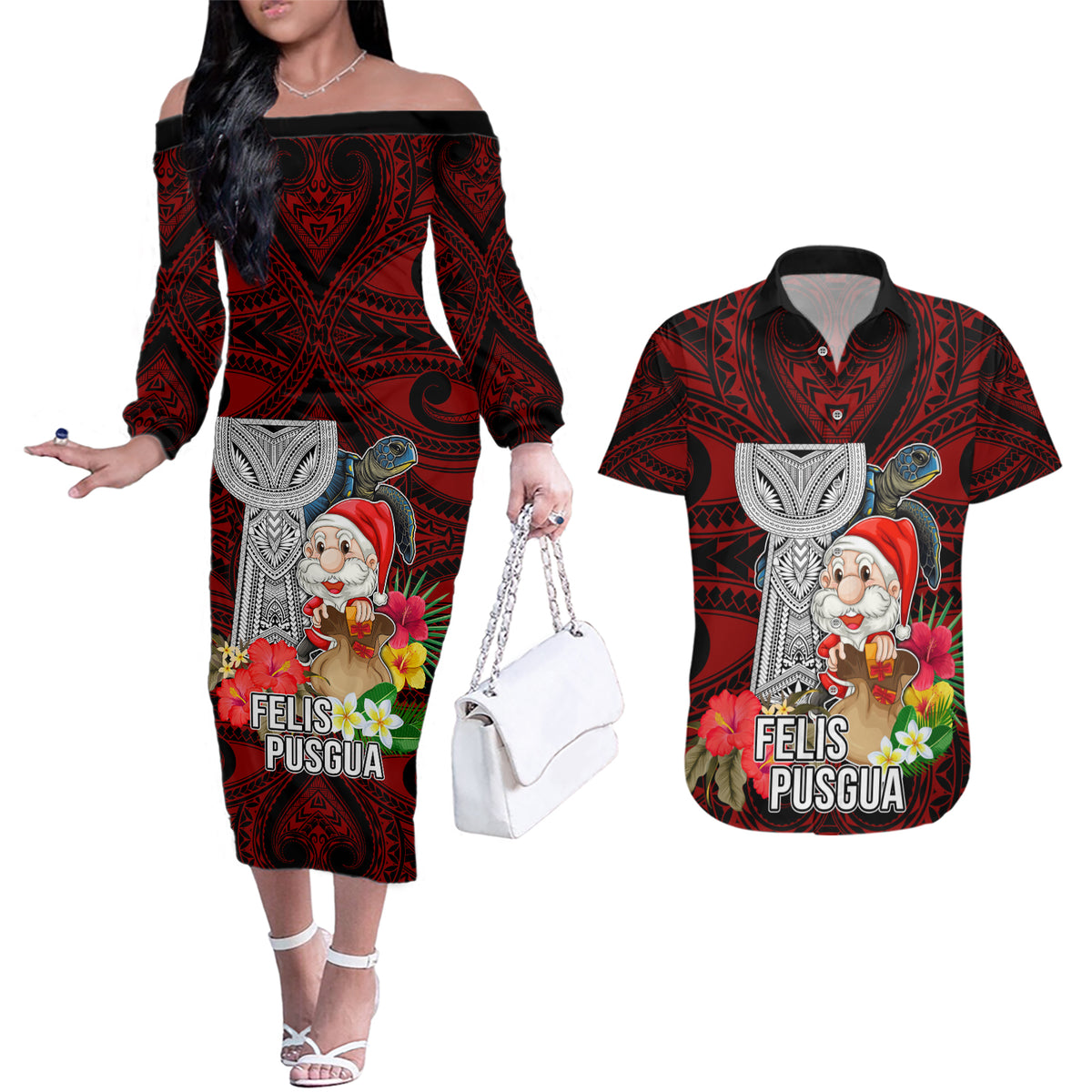 Custom Guam Christmas Couples Matching Off The Shoulder Long Sleeve Dress and Hawaiian Shirt Santa Gift Latte Stone and Sea Turle Mix Hibiscus Chamorro Red Style LT03 Red - Polynesian Pride