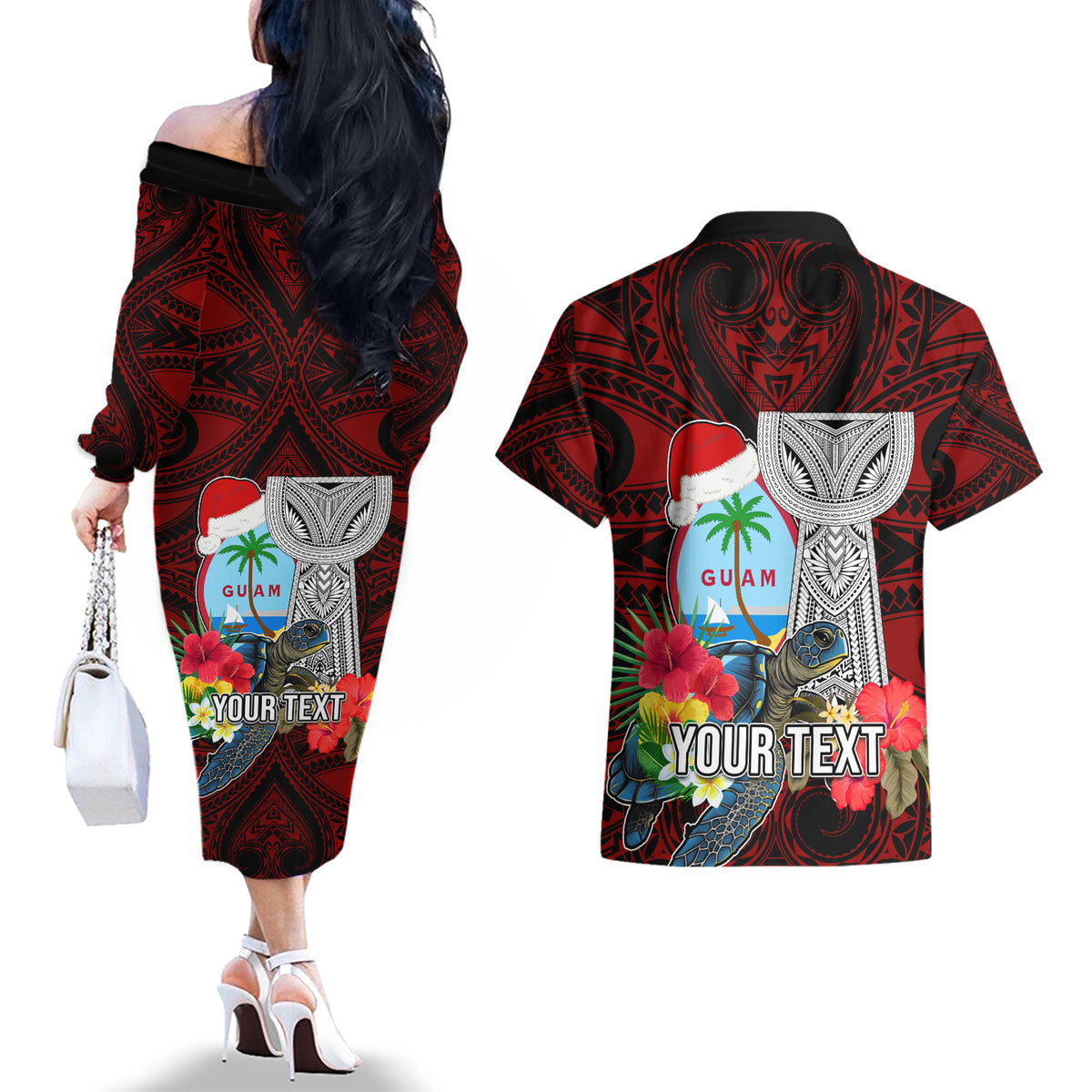 Custom Guam Christmas Couples Matching Off The Shoulder Long Sleeve Dress and Hawaiian Shirt Santa Gift Latte Stone and Sea Turle Mix Hibiscus Chamorro Red Style LT03 - Polynesian Pride