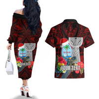 Custom Guam Christmas Couples Matching Off The Shoulder Long Sleeve Dress and Hawaiian Shirt Santa Gift Latte Stone and Sea Turle Mix Hibiscus Chamorro Red Style LT03 - Polynesian Pride