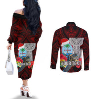 Custom Guam Christmas Couples Matching Off The Shoulder Long Sleeve Dress and Long Sleeve Button Shirt Santa Gift Latte Stone and Sea Turle Mix Hibiscus Chamorro Red Style LT03 - Polynesian Pride