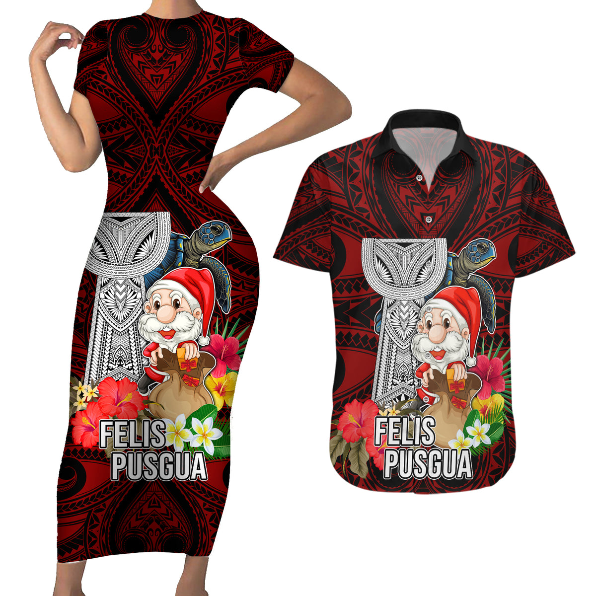 Custom Guam Christmas Couples Matching Short Sleeve Bodycon Dress and Hawaiian Shirt Santa Gift Latte Stone and Sea Turle Mix Hibiscus Chamorro Red Style LT03 Red - Polynesian Pride