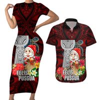 Custom Guam Christmas Couples Matching Short Sleeve Bodycon Dress and Hawaiian Shirt Santa Gift Latte Stone and Sea Turle Mix Hibiscus Chamorro Red Style LT03 Red - Polynesian Pride