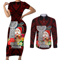 Custom Guam Christmas Couples Matching Short Sleeve Bodycon Dress and Long Sleeve Button Shirt Santa Gift Latte Stone and Sea Turle Mix Hibiscus Chamorro Red Style LT03 Red - Polynesian Pride