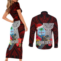 Custom Guam Christmas Couples Matching Short Sleeve Bodycon Dress and Long Sleeve Button Shirt Santa Gift Latte Stone and Sea Turle Mix Hibiscus Chamorro Red Style LT03 - Polynesian Pride