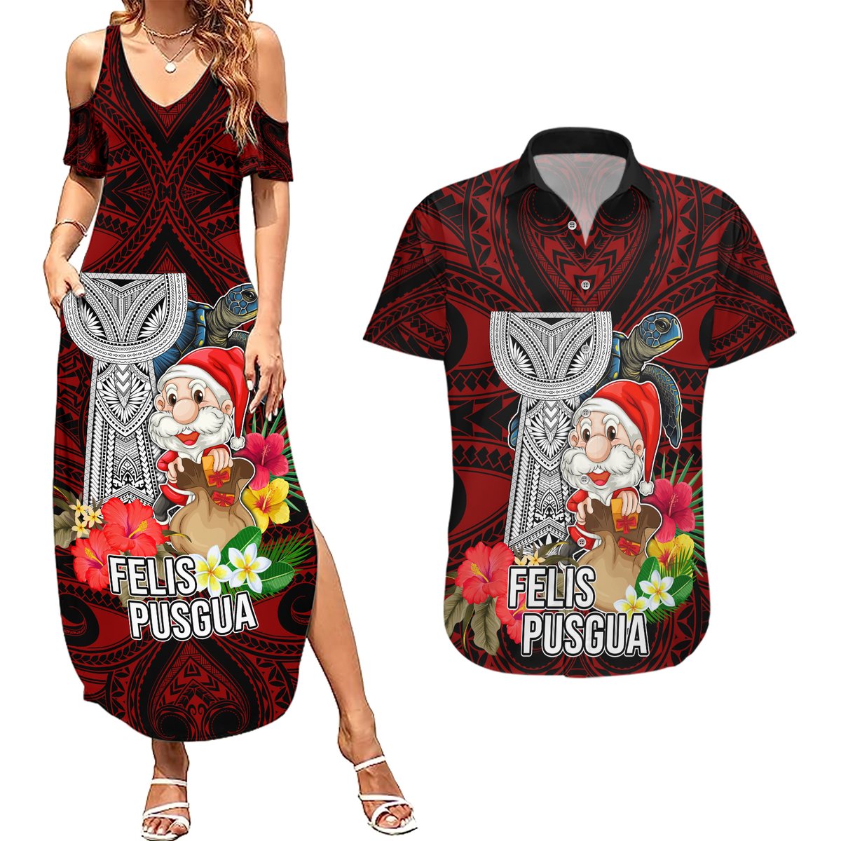 Custom Guam Christmas Couples Matching Summer Maxi Dress and Hawaiian Shirt Santa Gift Latte Stone and Sea Turle Mix Hibiscus Chamorro Red Style LT03 Red - Polynesian Pride
