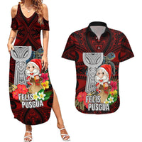 Custom Guam Christmas Couples Matching Summer Maxi Dress and Hawaiian Shirt Santa Gift Latte Stone and Sea Turle Mix Hibiscus Chamorro Red Style LT03 Red - Polynesian Pride