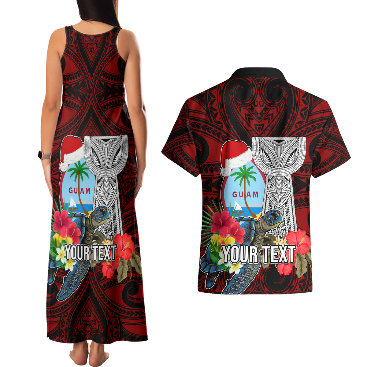 Custom Guam Christmas Couples Matching Tank Maxi Dress and Hawaiian Shirt Santa Gift Latte Stone and Sea Turle Mix Hibiscus Chamorro Red Style LT03 - Polynesian Pride