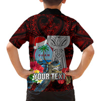 Custom Guam Christmas Family Matching Long Sleeve Bodycon Dress and Hawaiian Shirt Santa Gift Latte Stone and Sea Turle Mix Hibiscus Chamorro Red Style LT03 - Polynesian Pride