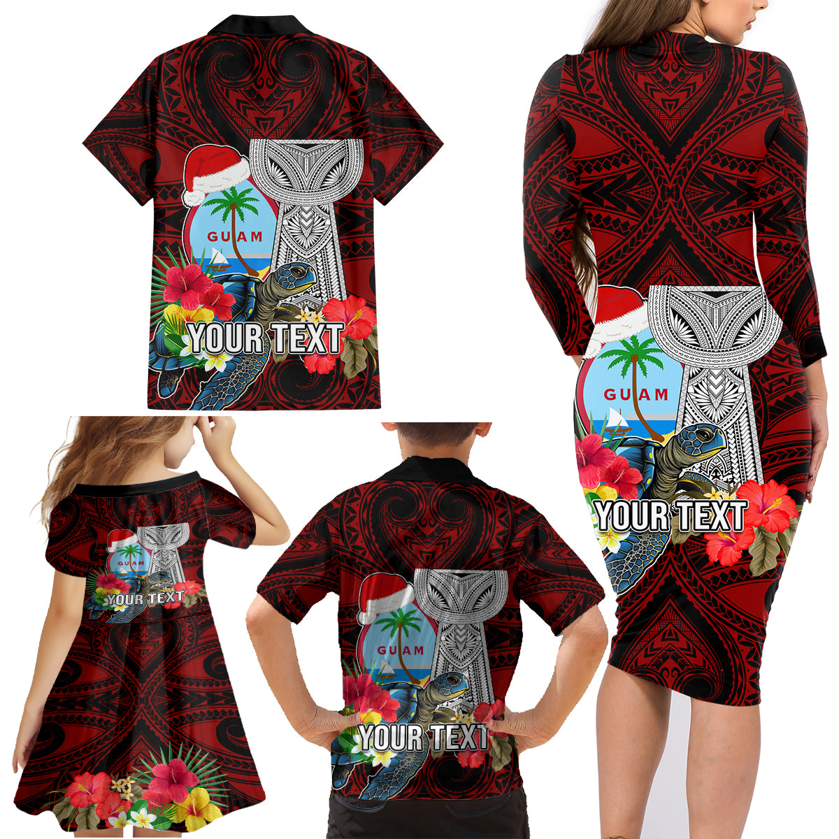 Custom Guam Christmas Family Matching Long Sleeve Bodycon Dress and Hawaiian Shirt Santa Gift Latte Stone and Sea Turle Mix Hibiscus Chamorro Red Style LT03 - Polynesian Pride