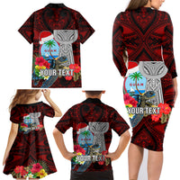 Custom Guam Christmas Family Matching Long Sleeve Bodycon Dress and Hawaiian Shirt Santa Gift Latte Stone and Sea Turle Mix Hibiscus Chamorro Red Style LT03 - Polynesian Pride