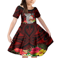 Custom Guam Christmas Family Matching Mermaid Dress and Hawaiian Shirt Santa Gift Latte Stone and Sea Turle Mix Hibiscus Chamorro Red Style LT03 Daughter's Dress Red - Polynesian Pride