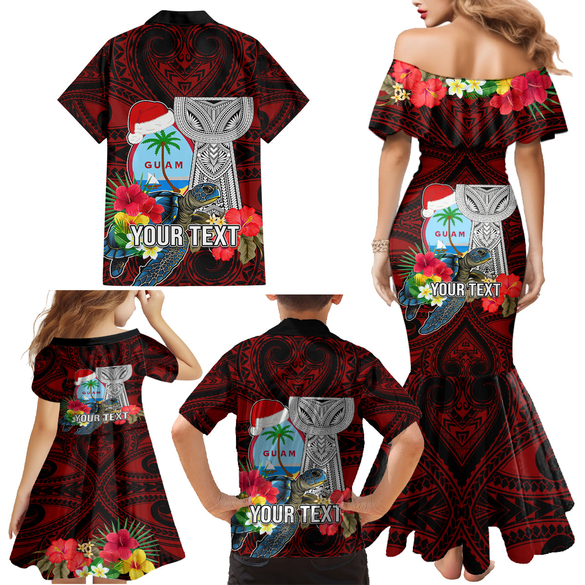 Custom Guam Christmas Family Matching Mermaid Dress and Hawaiian Shirt Santa Gift Latte Stone and Sea Turle Mix Hibiscus Chamorro Red Style LT03 - Polynesian Pride