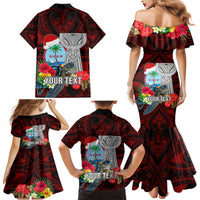 Custom Guam Christmas Family Matching Mermaid Dress and Hawaiian Shirt Santa Gift Latte Stone and Sea Turle Mix Hibiscus Chamorro Red Style LT03 - Polynesian Pride