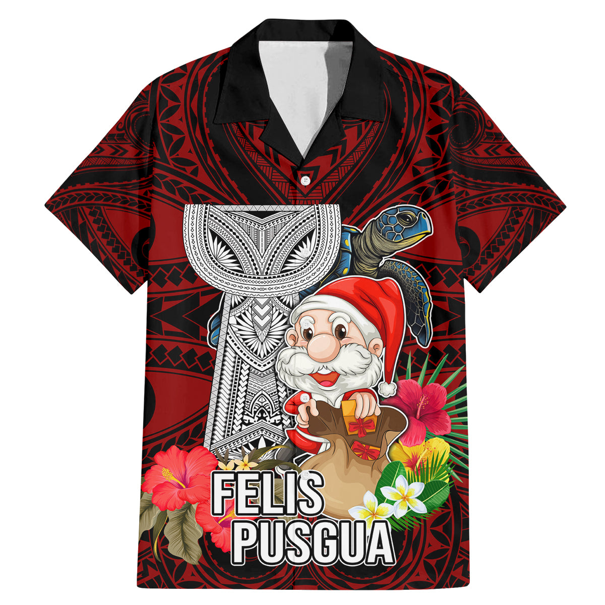 Custom Guam Christmas Family Matching Mermaid Dress and Hawaiian Shirt Santa Gift Latte Stone and Sea Turle Mix Hibiscus Chamorro Red Style LT03 Dad's Shirt - Short Sleeve Red - Polynesian Pride