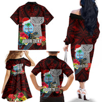 Custom Guam Christmas Family Matching Off Shoulder Long Sleeve Dress and Hawaiian Shirt Santa Gift Latte Stone and Sea Turle Mix Hibiscus Chamorro Red Style LT03 - Polynesian Pride