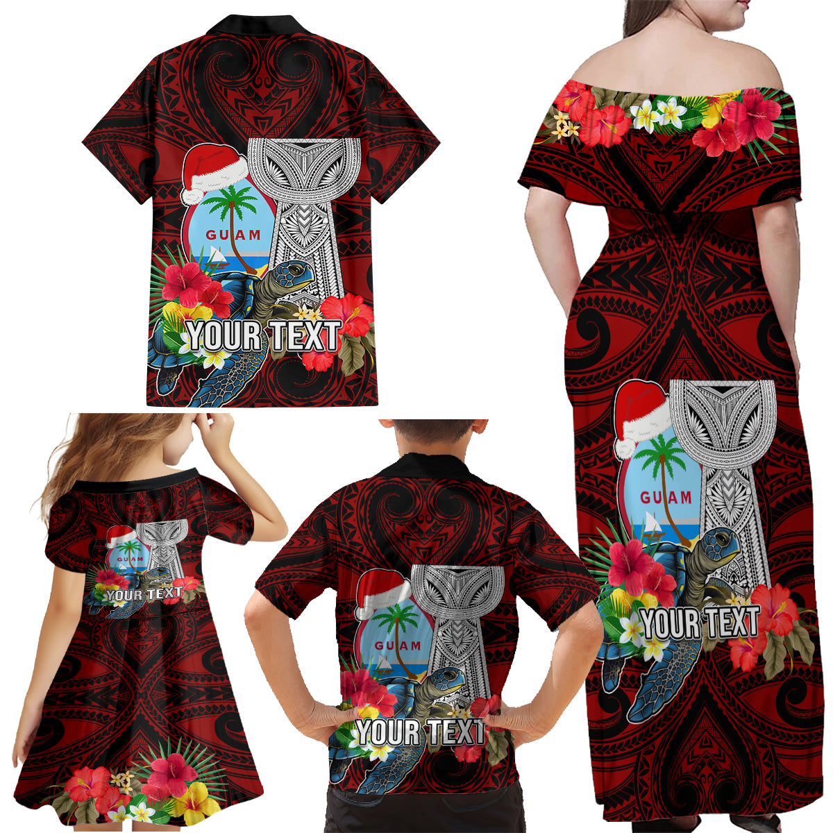 Custom Guam Christmas Family Matching Off Shoulder Maxi Dress and Hawaiian Shirt Santa Gift Latte Stone and Sea Turle Mix Hibiscus Chamorro Red Style LT03 - Polynesian Pride