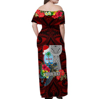 Custom Guam Christmas Family Matching Off Shoulder Maxi Dress and Hawaiian Shirt Santa Gift Latte Stone and Sea Turle Mix Hibiscus Chamorro Red Style LT03 - Polynesian Pride