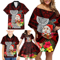 Custom Guam Christmas Family Matching Off Shoulder Short Dress and Hawaiian Shirt Santa Gift Latte Stone and Sea Turle Mix Hibiscus Chamorro Red Style LT03 - Polynesian Pride