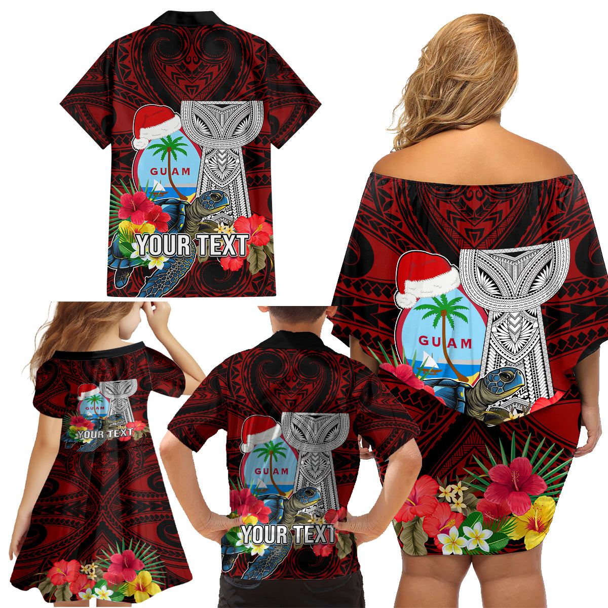 Custom Guam Christmas Family Matching Off Shoulder Short Dress and Hawaiian Shirt Santa Gift Latte Stone and Sea Turle Mix Hibiscus Chamorro Red Style LT03 - Polynesian Pride