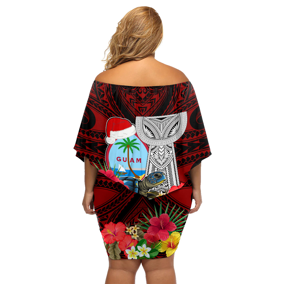 Custom Guam Christmas Family Matching Off Shoulder Short Dress and Hawaiian Shirt Santa Gift Latte Stone and Sea Turle Mix Hibiscus Chamorro Red Style LT03 - Polynesian Pride