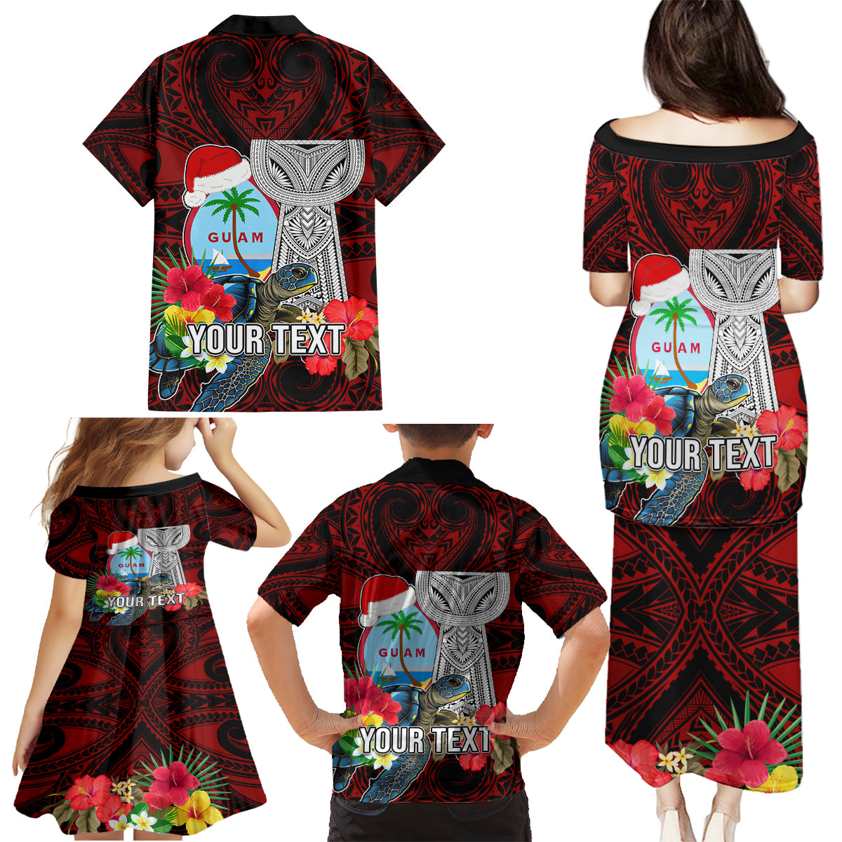 Custom Guam Christmas Family Matching Puletasi Dress and Hawaiian Shirt Santa Gift Latte Stone and Sea Turle Mix Hibiscus Chamorro Red Style LT03 - Polynesian Pride