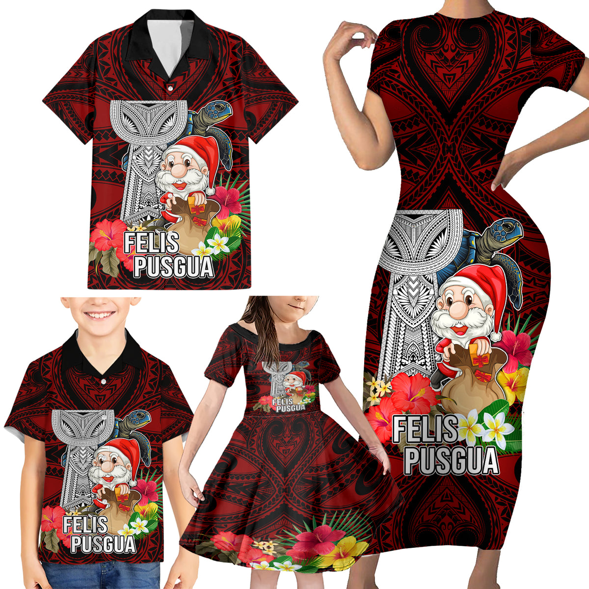Custom Guam Christmas Family Matching Short Sleeve Bodycon Dress and Hawaiian Shirt Santa Gift Latte Stone and Sea Turle Mix Hibiscus Chamorro Red Style LT03 - Polynesian Pride