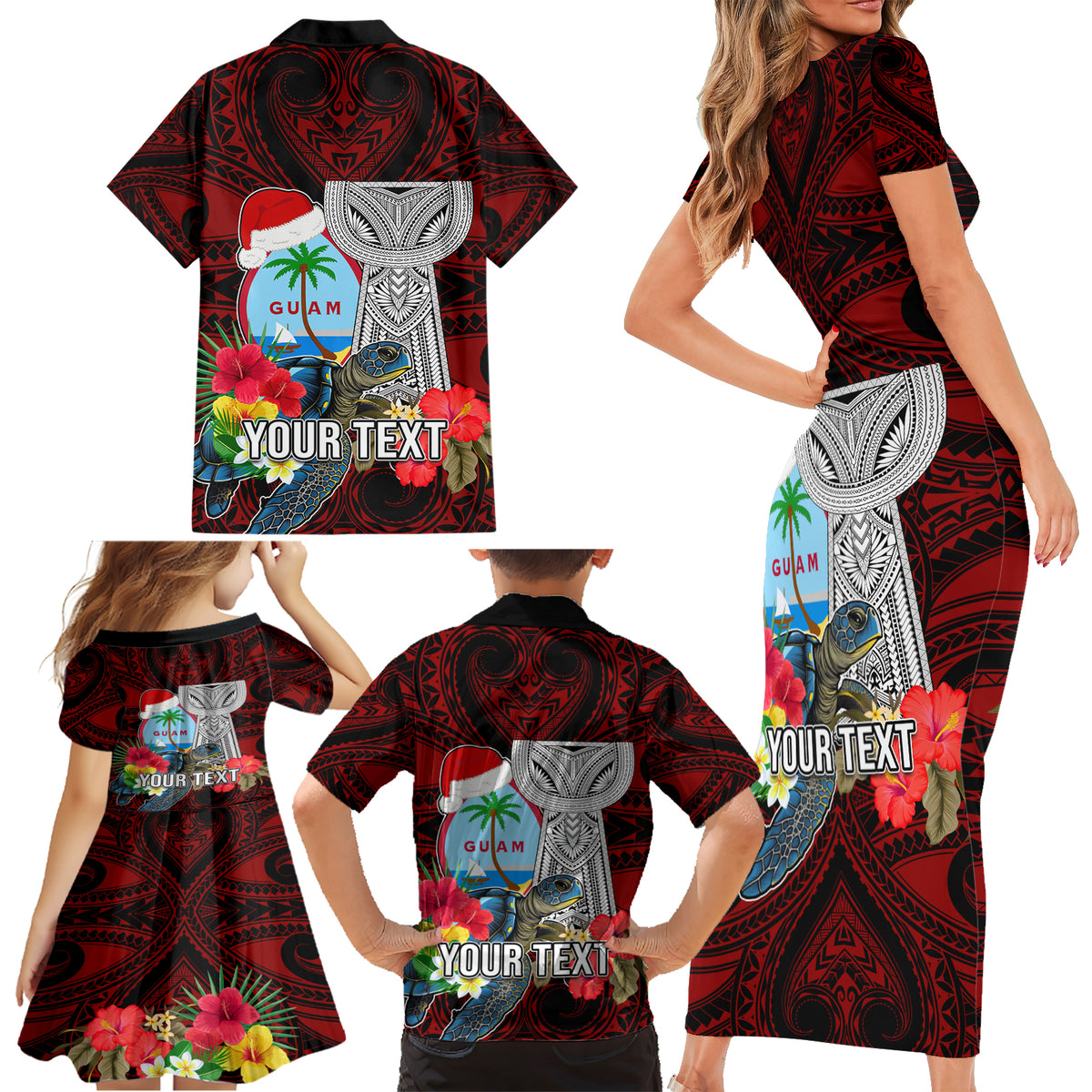 Custom Guam Christmas Family Matching Short Sleeve Bodycon Dress and Hawaiian Shirt Santa Gift Latte Stone and Sea Turle Mix Hibiscus Chamorro Red Style LT03 - Polynesian Pride