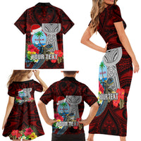 Custom Guam Christmas Family Matching Short Sleeve Bodycon Dress and Hawaiian Shirt Santa Gift Latte Stone and Sea Turle Mix Hibiscus Chamorro Red Style LT03 - Polynesian Pride