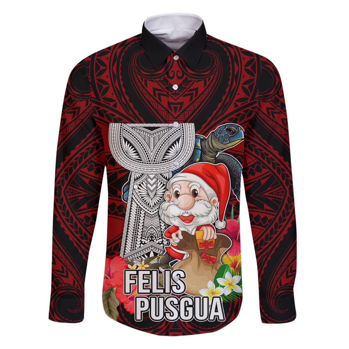 Custom Guam Christmas Family Matching Short Sleeve Bodycon Dress and Hawaiian Shirt Santa Gift Latte Stone and Sea Turle Mix Hibiscus Chamorro Red Style LT03 Dad's Shirt - Long Sleeve Red - Polynesian Pride