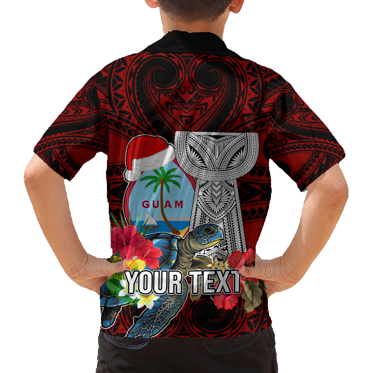Custom Guam Christmas Family Matching Summer Maxi Dress and Hawaiian Shirt Santa Gift Latte Stone and Sea Turle Mix Hibiscus Chamorro Red Style LT03 - Polynesian Pride