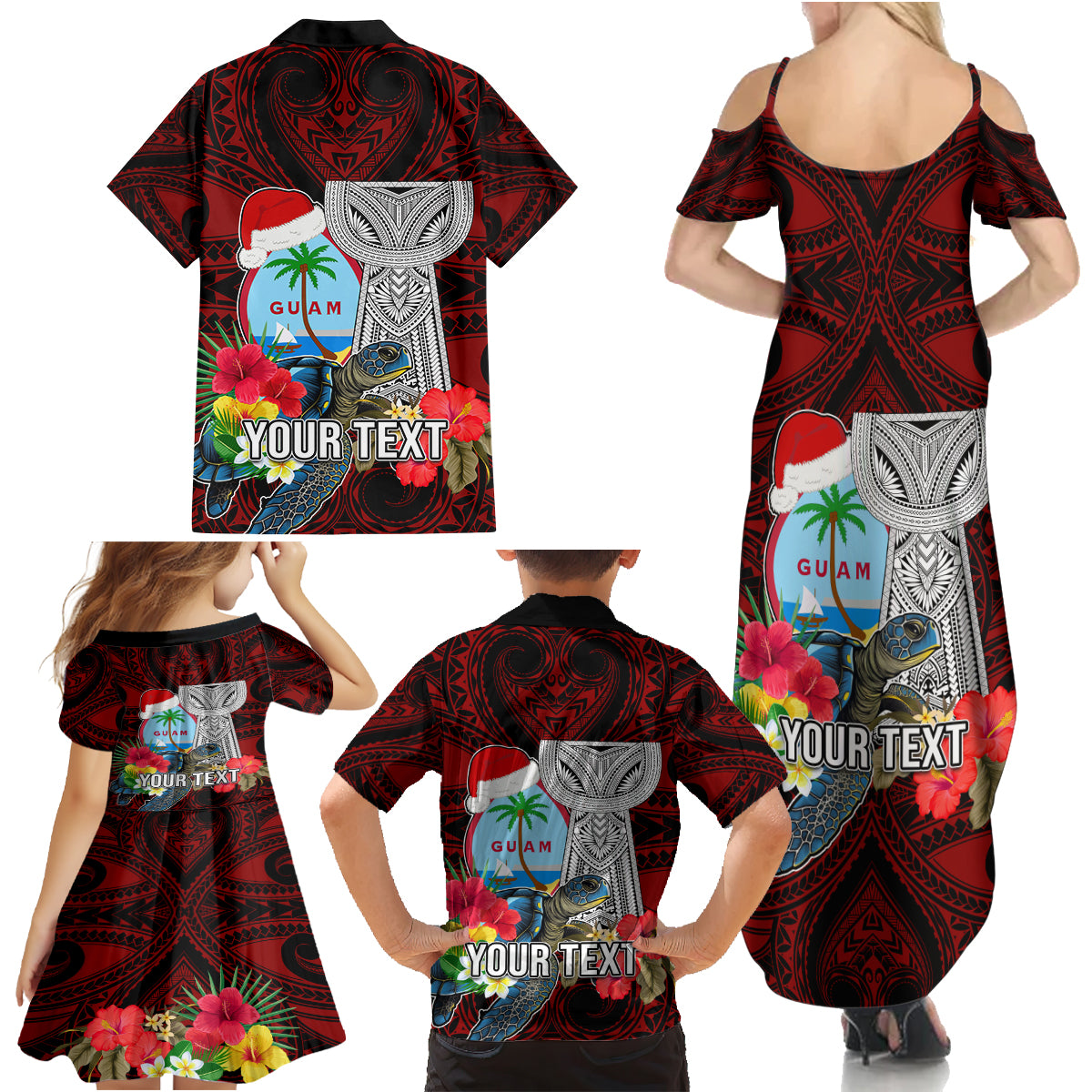 Custom Guam Christmas Family Matching Summer Maxi Dress and Hawaiian Shirt Santa Gift Latte Stone and Sea Turle Mix Hibiscus Chamorro Red Style LT03 - Polynesian Pride