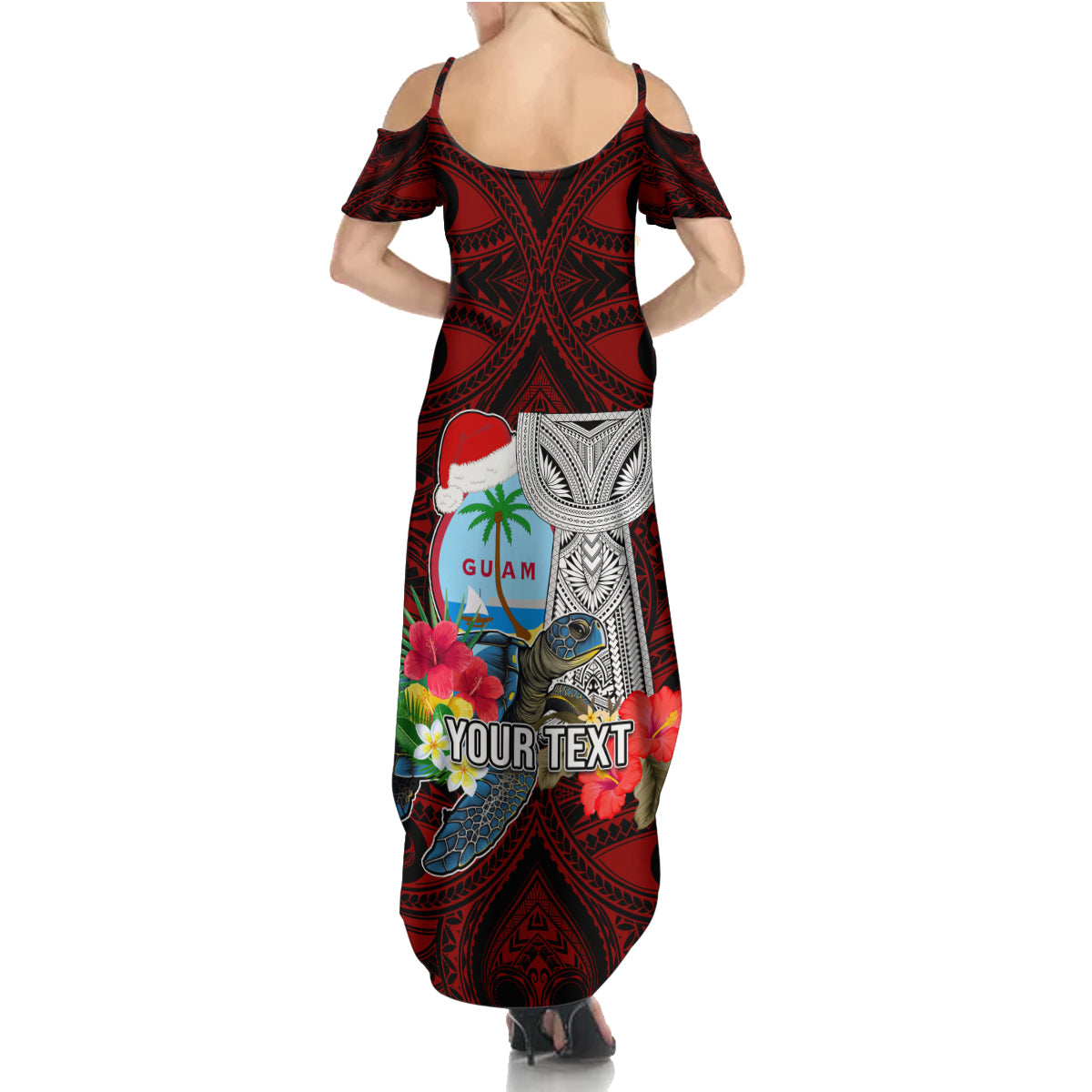 Custom Guam Christmas Family Matching Summer Maxi Dress and Hawaiian Shirt Santa Gift Latte Stone and Sea Turle Mix Hibiscus Chamorro Red Style LT03 - Polynesian Pride