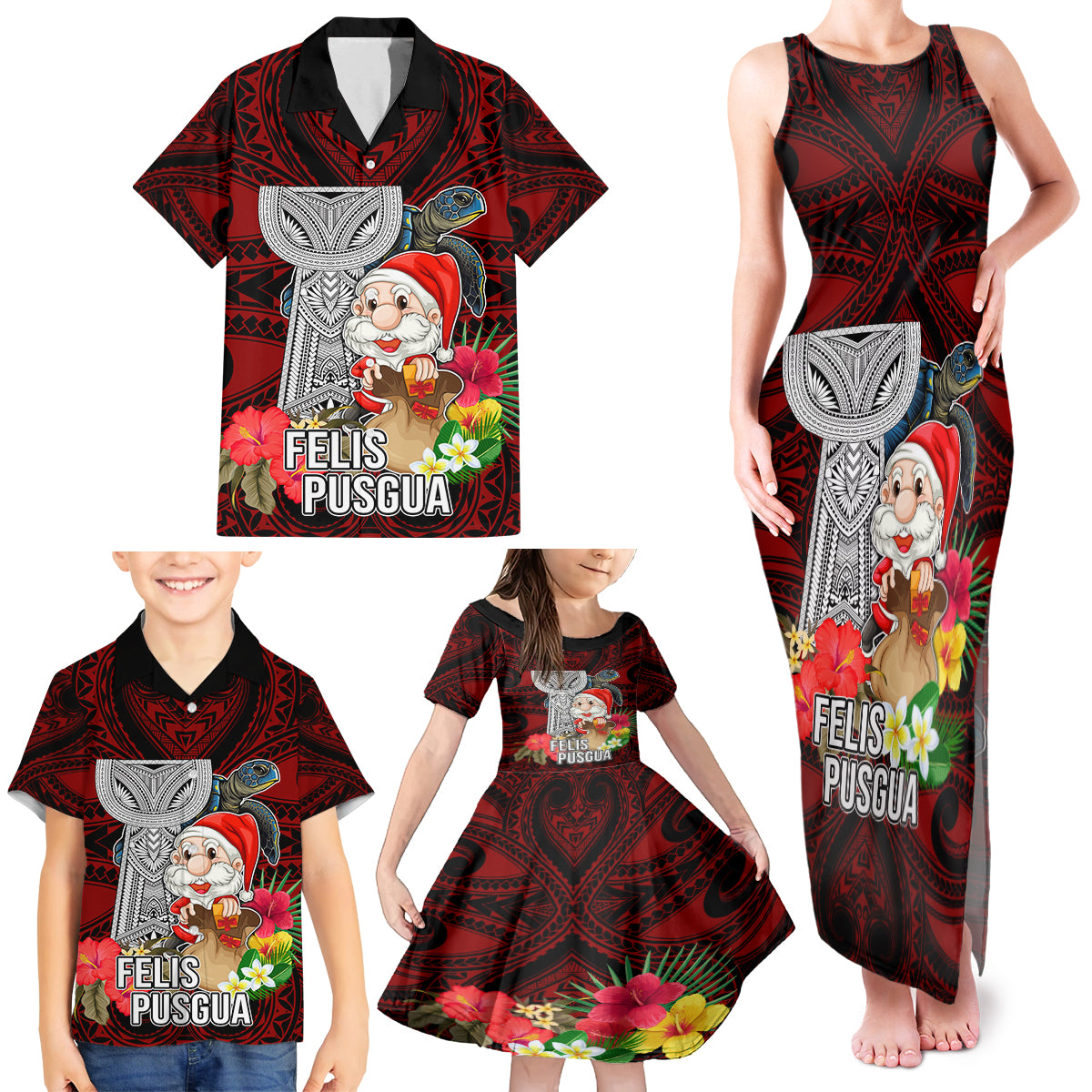 Custom Guam Christmas Family Matching Tank Maxi Dress and Hawaiian Shirt Santa Gift Latte Stone and Sea Turle Mix Hibiscus Chamorro Red Style LT03 - Polynesian Pride