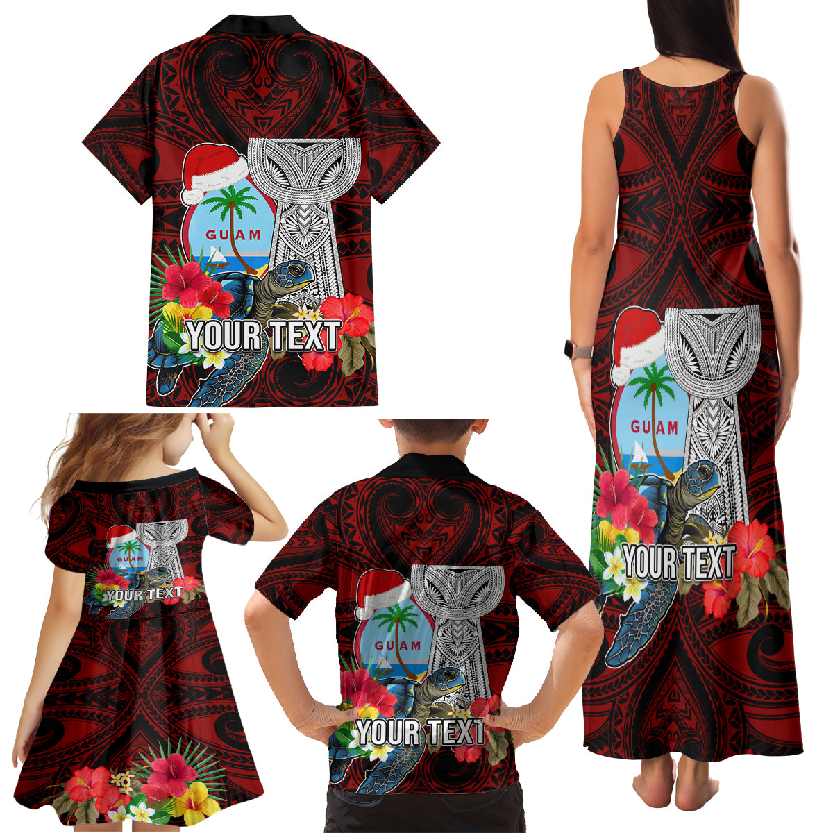 Custom Guam Christmas Family Matching Tank Maxi Dress and Hawaiian Shirt Santa Gift Latte Stone and Sea Turle Mix Hibiscus Chamorro Red Style LT03 - Polynesian Pride