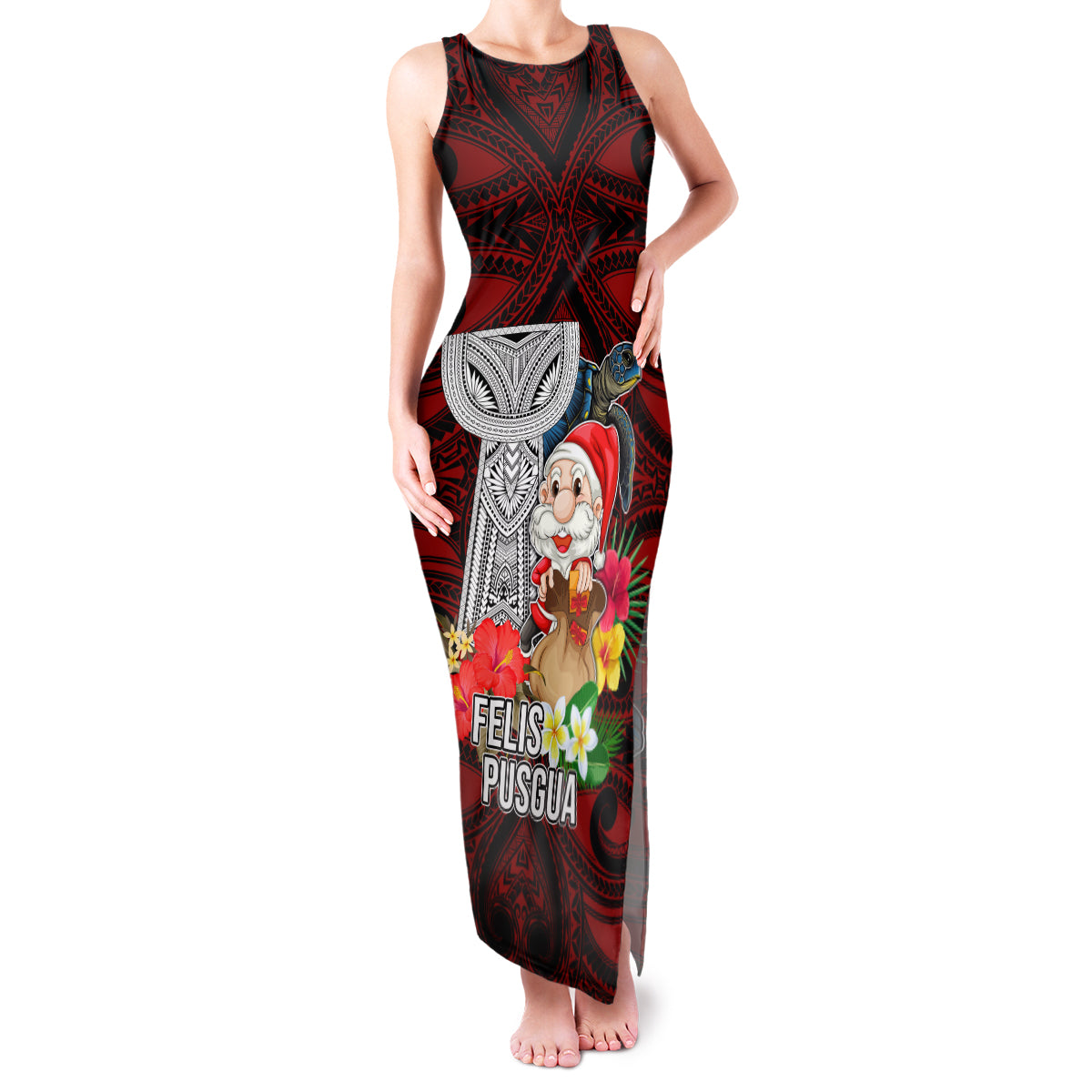 Custom Guam Christmas Family Matching Tank Maxi Dress and Hawaiian Shirt Santa Gift Latte Stone and Sea Turle Mix Hibiscus Chamorro Red Style LT03 Mom's Dress Red - Polynesian Pride