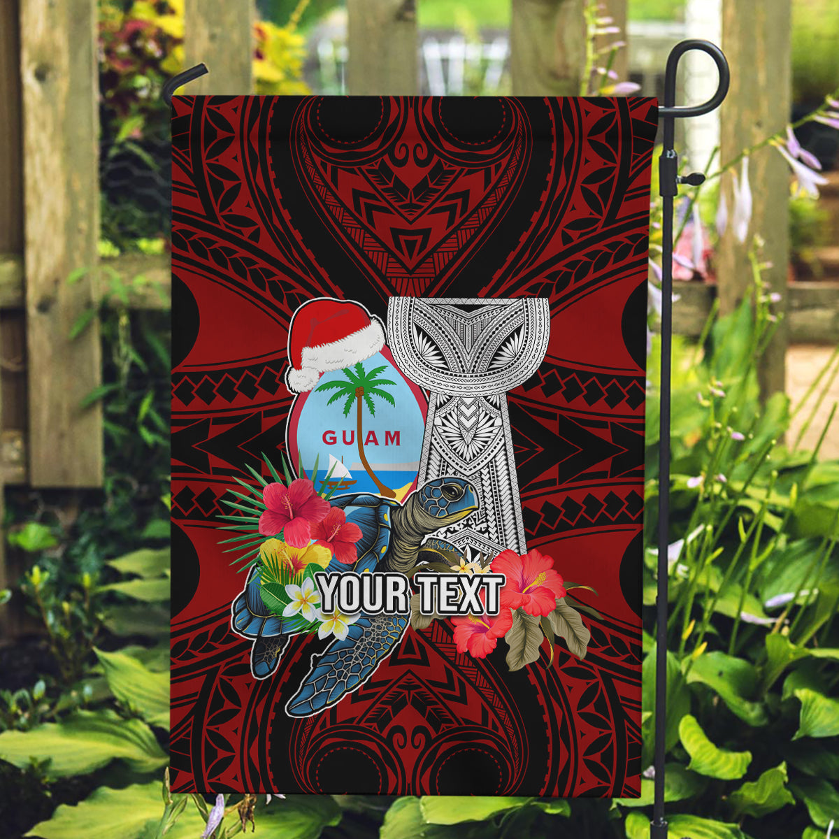 Custom Guam Christmas Garden Flag Santa Gift Latte Stone and Sea Turle Mix Hibiscus Chamorro Red Style LT03 Garden Flag Red - Polynesian Pride
