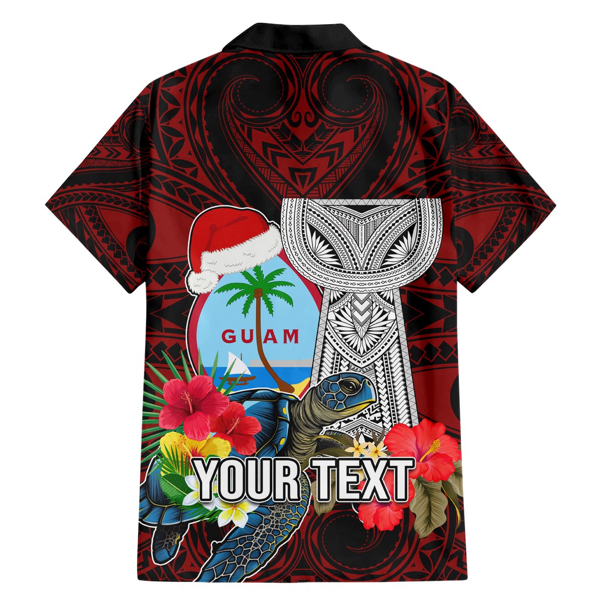 Custom Guam Christmas Hawaiian Shirt Santa Gift Latte Stone and Sea Turle Mix Hibiscus Chamorro Red Style LT03 - Polynesian Pride