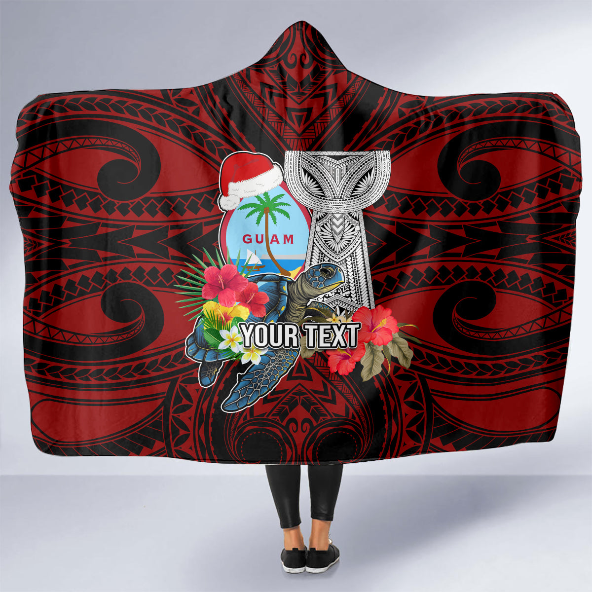 Custom Guam Christmas Hooded Blanket Santa Gift Latte Stone and Sea Turle Mix Hibiscus Chamorro Red Style LT03 - Polynesian Pride
