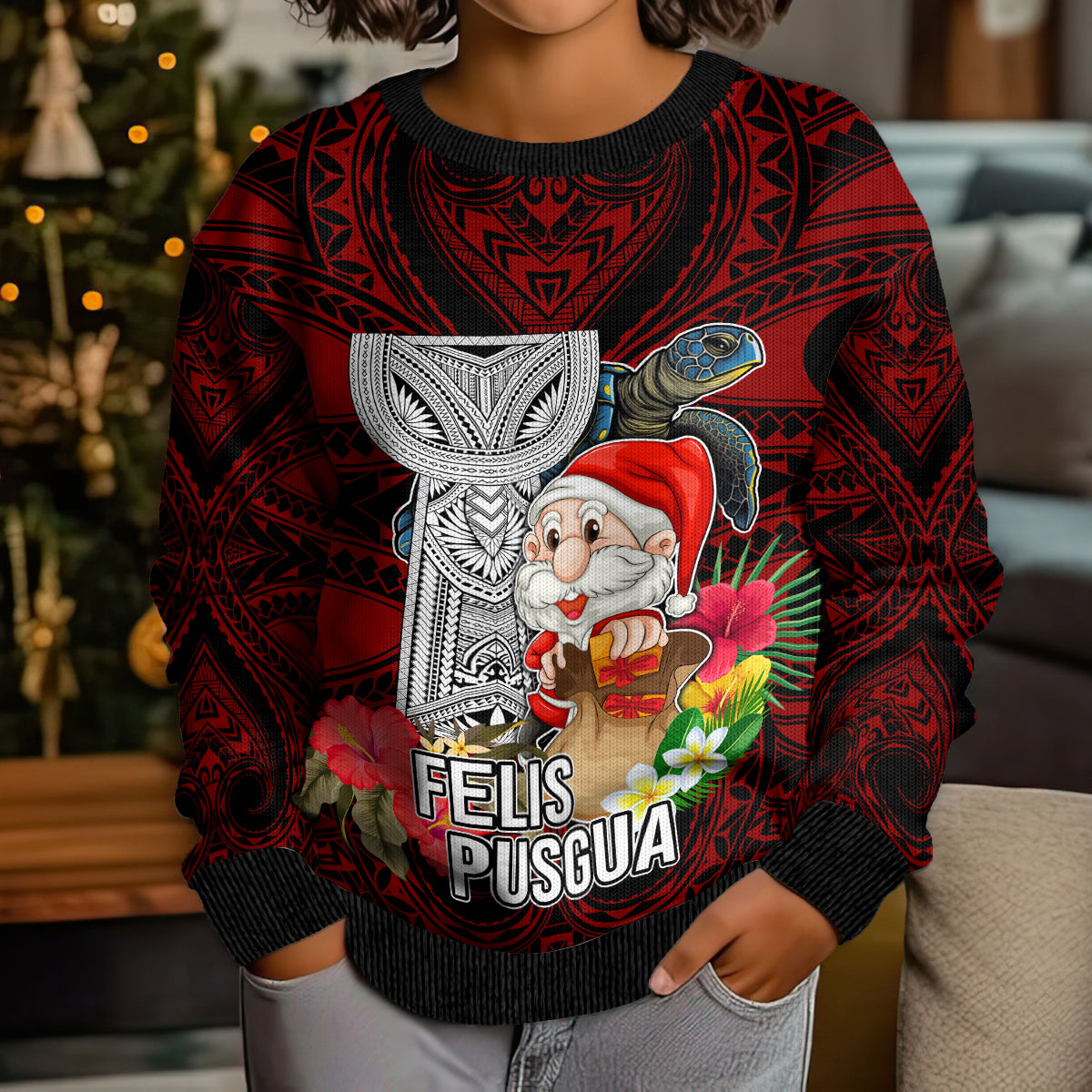 Custom Guam Christmas Kid Ugly Christmas Sweater Santa Gift Latte Stone and Sea Turle Mix Hibiscus Chamorro Red Style LT03 - Polynesian Pride