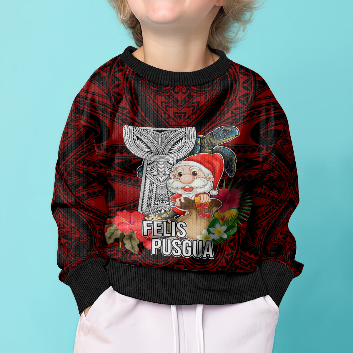 Custom Guam Christmas Kid Ugly Christmas Sweater Santa Gift Latte Stone and Sea Turle Mix Hibiscus Chamorro Red Style LT03 - Polynesian Pride