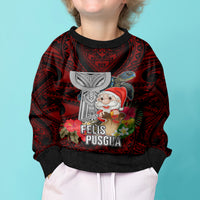 Custom Guam Christmas Kid Ugly Christmas Sweater Santa Gift Latte Stone and Sea Turle Mix Hibiscus Chamorro Red Style LT03 - Polynesian Pride