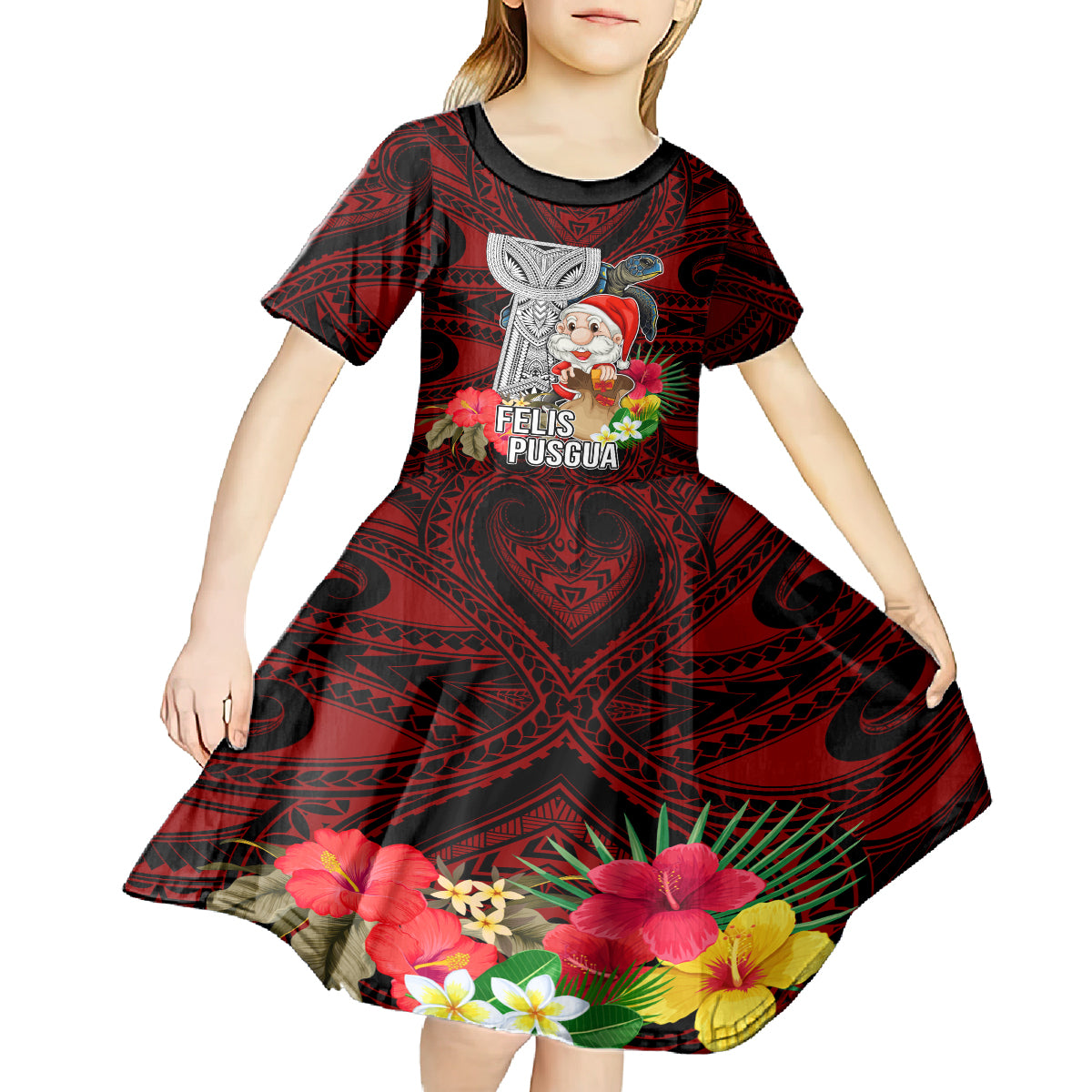 Custom Guam Christmas Kid Short Sleeve Dress Santa Gift Latte Stone and Sea Turle Mix Hibiscus Chamorro Red Style LT03 - Polynesian Pride