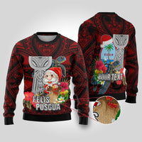 Custom Guam Christmas Ugly Christmas Sweater Santa Gift Latte Stone and Sea Turle Mix Hibiscus Chamorro Red Style LT03 Red - Polynesian Pride